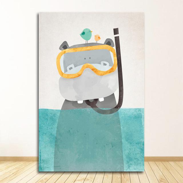 Painting Print Baby Room Home Wall Decor Nordic Cute Animal Hippo Penguin Polar Bear Portrait A4 A3 A2 Canvas Art Poster