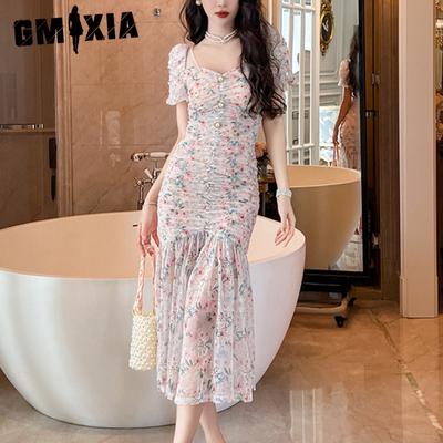 Summer Women's Gentle Style Bubble Sleeve Waist Floral Fish Tail Wrap Hip Dress
