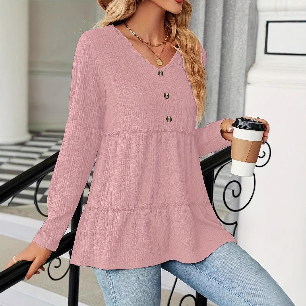 

V-neck Long Sleeve Solid Color Patchwork T-shirt for Autumn/Winter 2025 XXL