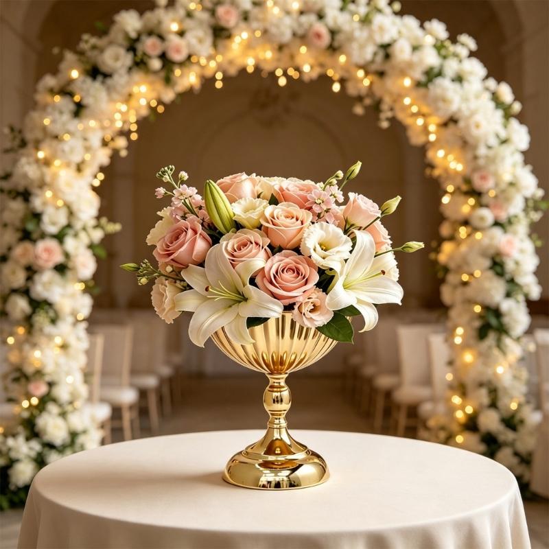 Wedding Table Flower Urn Vase, Metal Pedestal Design Compote Bowl Vase for Freshing Flowers, Artificial Flower, Dried Arrangements, Decorative Branch