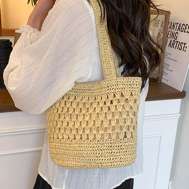Large Capacity Straw Woven Tote Bag New Straw Bag Handmade Hollow Woven Bag Shoulder Fashion Tote Bag Vacation Beach Bag Women