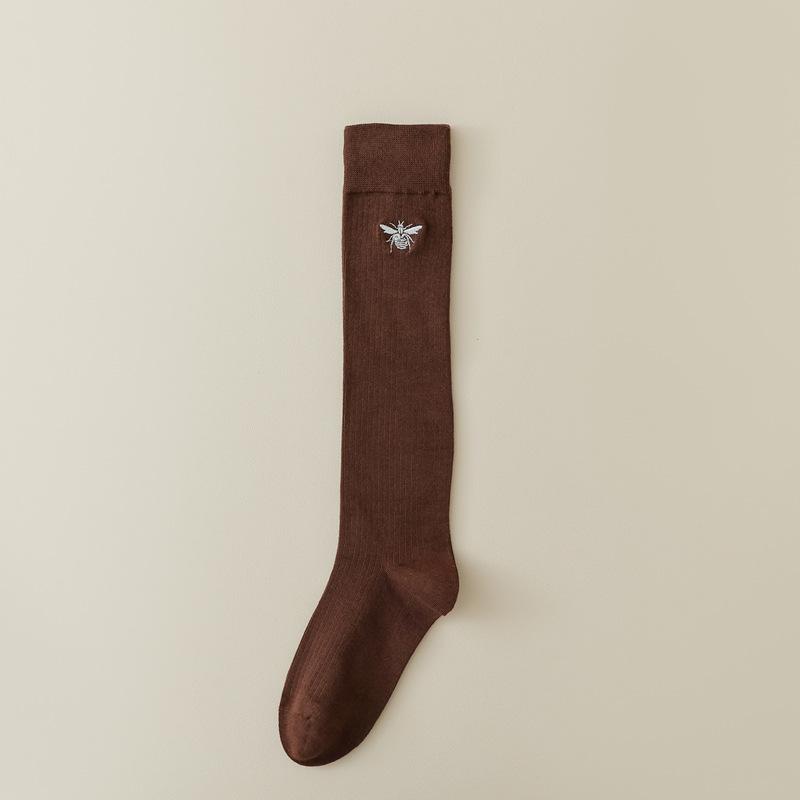 Women Stockings Bee Embroidery Long Socks Solid Color Black White Gray Stockings Knitted Cotton Knee Socks Women Stockings
