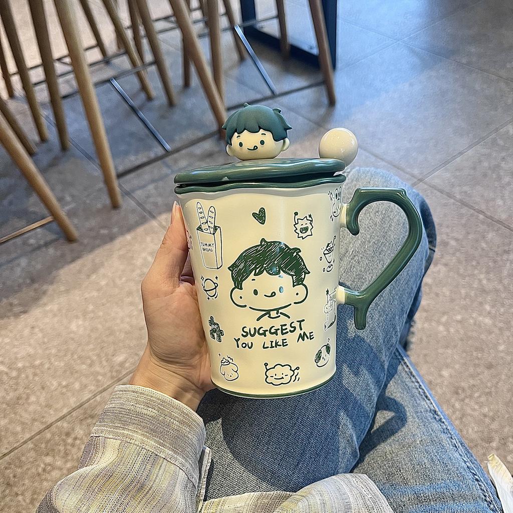Cute Graffiti Ceramic Cup Couple Mug With Lid Spoon Household Drinking Cup Niche Design Breakfast Cup