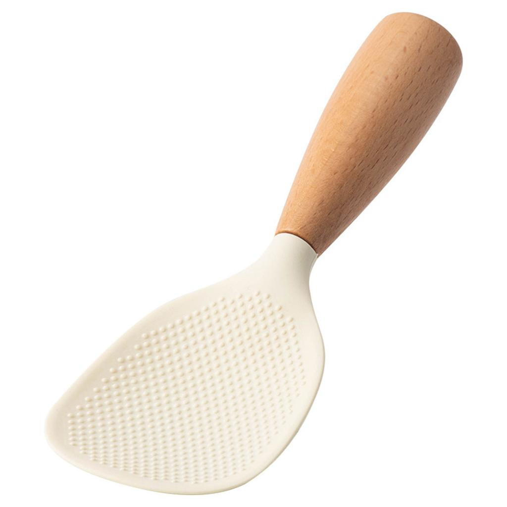 1pc Silicone Rice Serving Spoons with Wooden Handle Heat Resistant Rice Spoon Nonstick Standing Rice Ladle Scooper