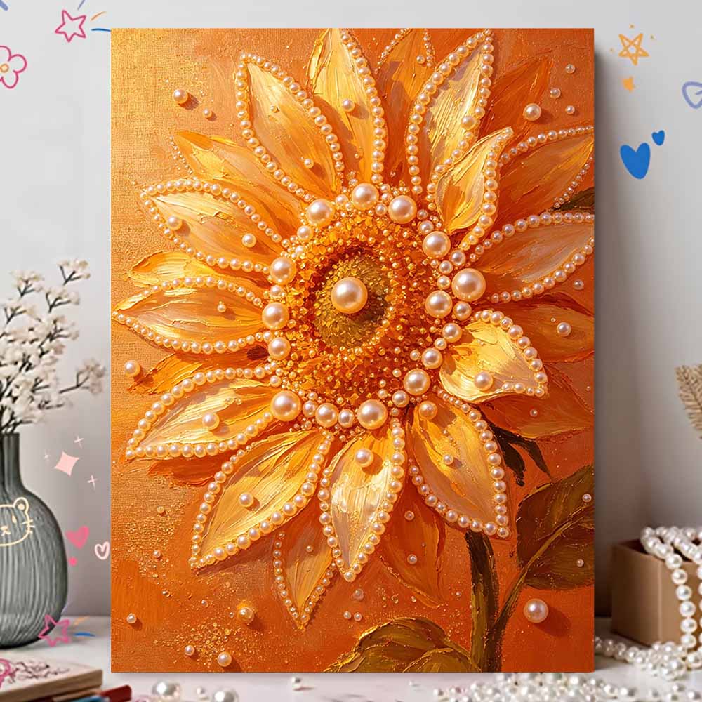 Handmade Framed Pearl Bead Painting Kit Golden Sunflower Pattern 3D Shiny Canvas Art Ready to Display Home Decor Modern Wall Art Gift Idea