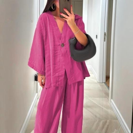 Conjunto de Duas Peças de Algodão Linho Feminino Manga Comprida Decote V Blusa com Botões Calças de Perna Larga Conjunto Casual de Roupa de Descanso