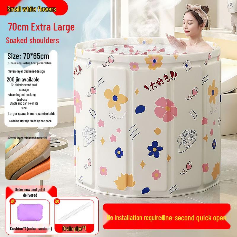 Folding Insulated Adult Soaking Tub - Anti-Rollover, Cotton-Padded, Large Size (Blue/Pink)