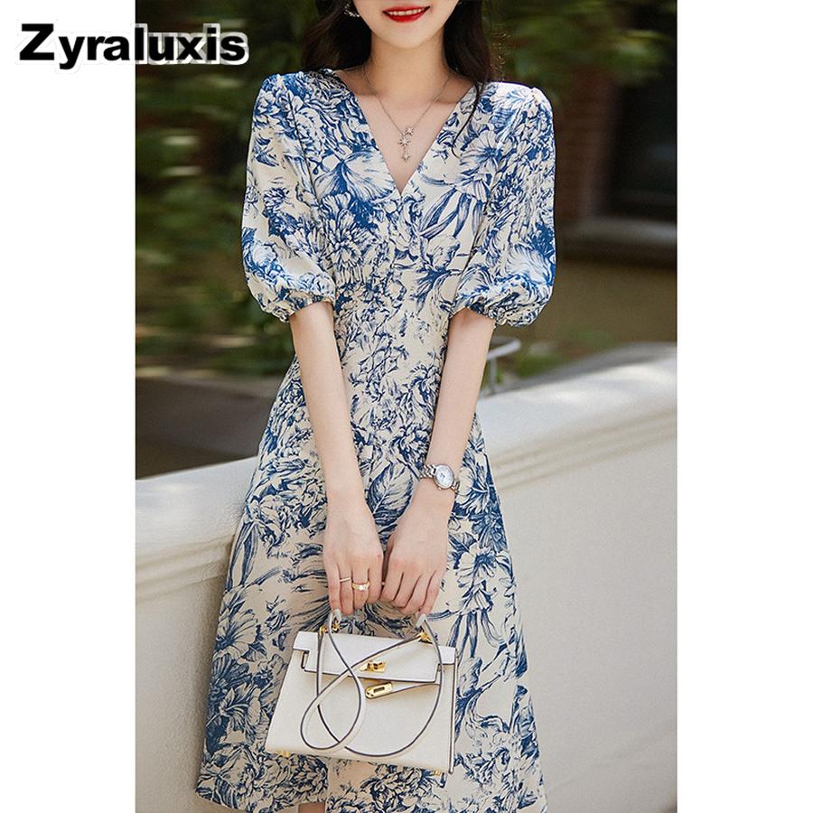 New Style Silk Dress Qinghua Porcelain Chiffon Dress Bubble Sleeve Ethnic Summer Women s Clothing S синий