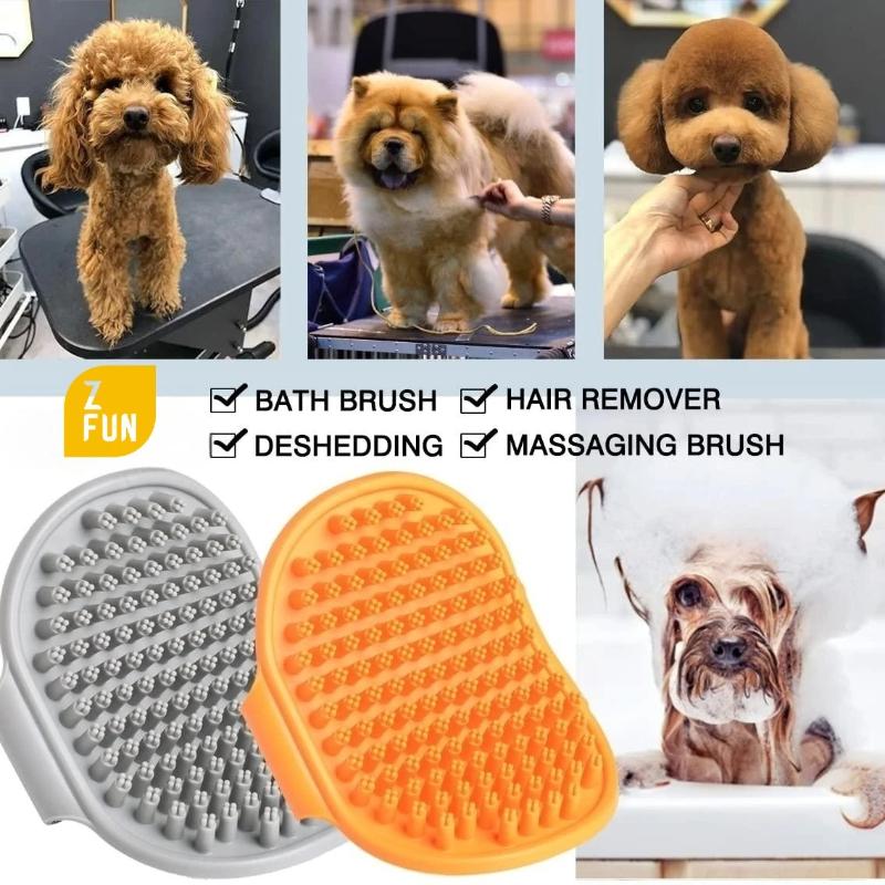 Dog Bath Brush,Dog Grooming Shedding Soothing Massage Rubber Bristles Curry Comb with Adjustable Ring Handle for Pet Dogs& Cats