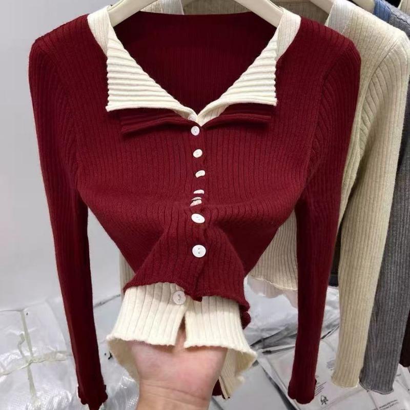 Contrast color fake two-piece long-sleeved lapel knitted cardigan women's autumn and winter slim temperament casual backing sweater top