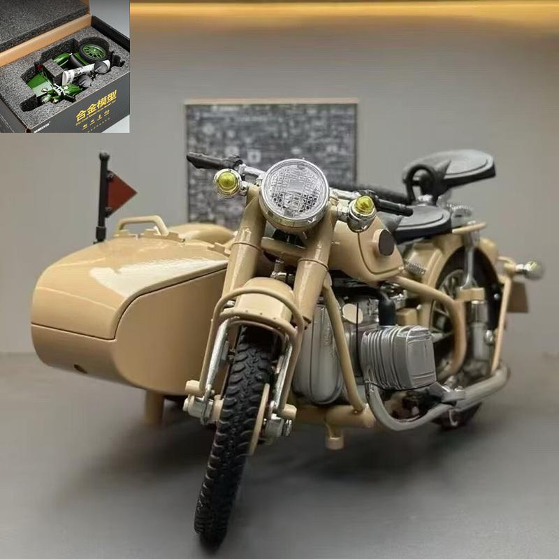 1/10 Legierung Retro Dreirad Beiwagen Motorrad Modell Druckguss Metall Klassisches Militär Motorrad Modell Sound und Licht Kinderspielzeug Geschenk
