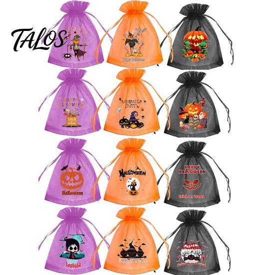 Storage Bag 12 Pcs Halloween Organza Candy Bag, Drawstring Treat Pouch with Pumpkin Ghost Bat Trick or Print, Sheer Favor for Party Snacks,