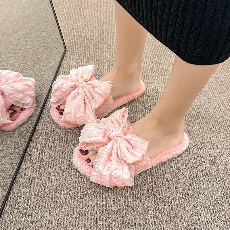 Fashion Bow Plush Slippers Winter Fashion Round Toe Open Toe Soft Sole Non-slip Wear-resistant Flats