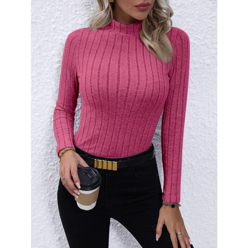 Solid Color Faux Neck Ribbed T-Shirt, Elegant Long Sleeve Slim Fit Hundred Tops for Women