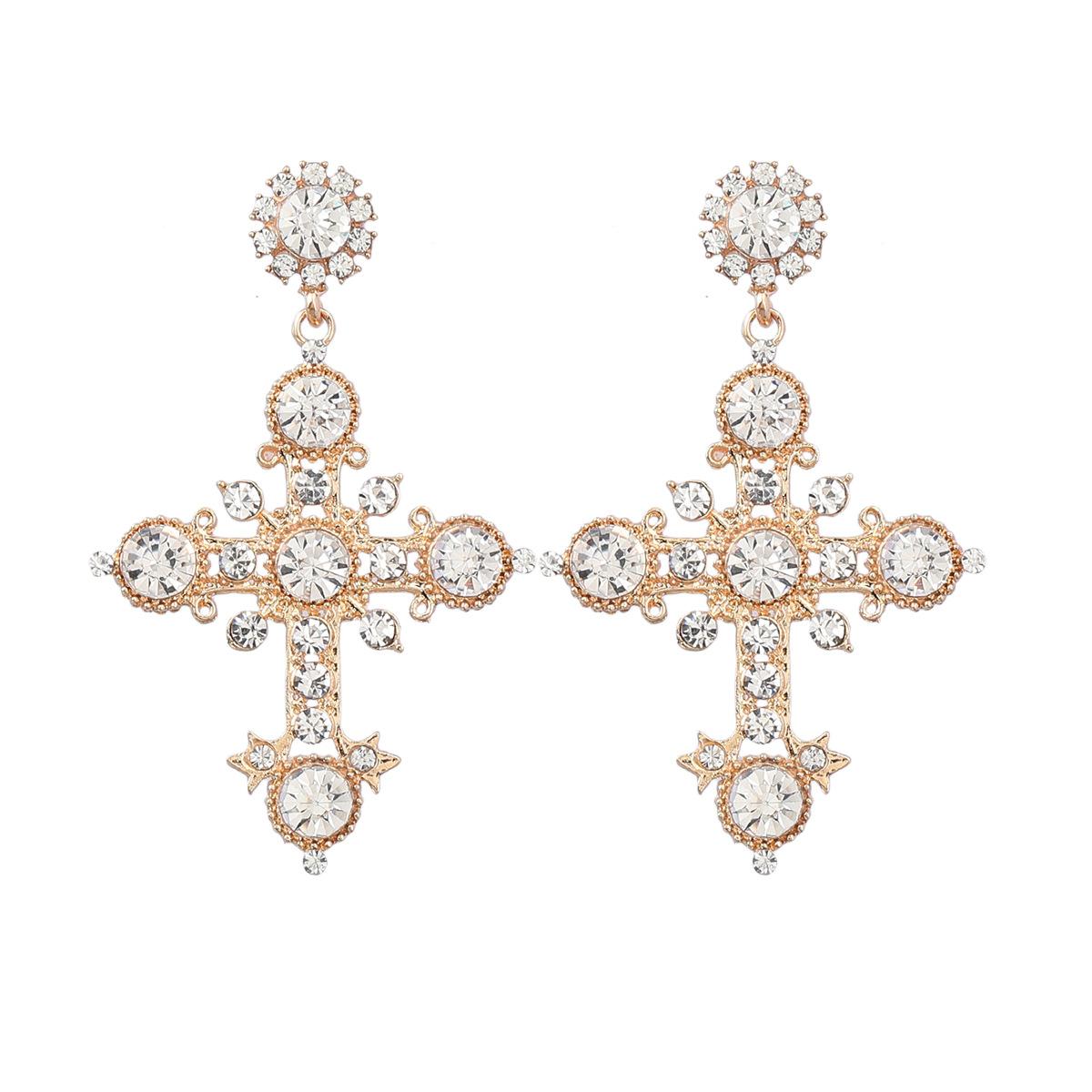 

Fashion Metal Rhinestone Cross Religious Earrings Women s Creative Exaggerated Dangle Earrings Banquet Zircon Accessories белый