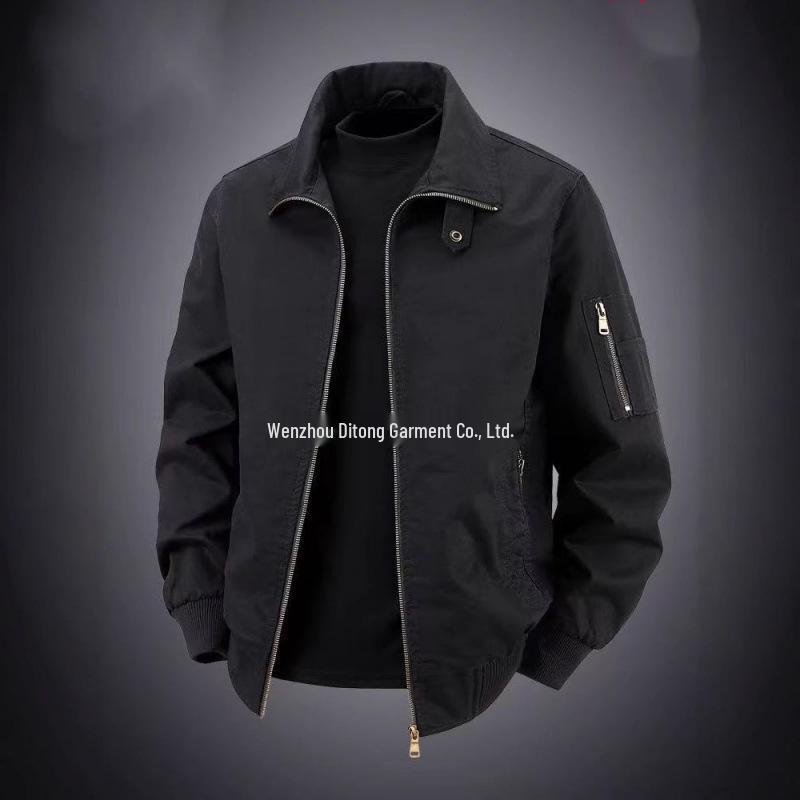 Men's Retro Pilot Lapel Cotton Jacket - Solid Color, Plus Size, Spring/Autumn Workwear Style