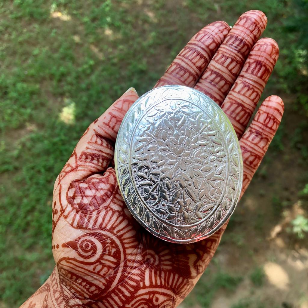 925 Silver Handmade Trinket Kajal Casket Jewelry Box, Surma Kumkum Sindoor Container, Floral Oval shape 7 X 5.5 cm, 51 gms Temple Pooja