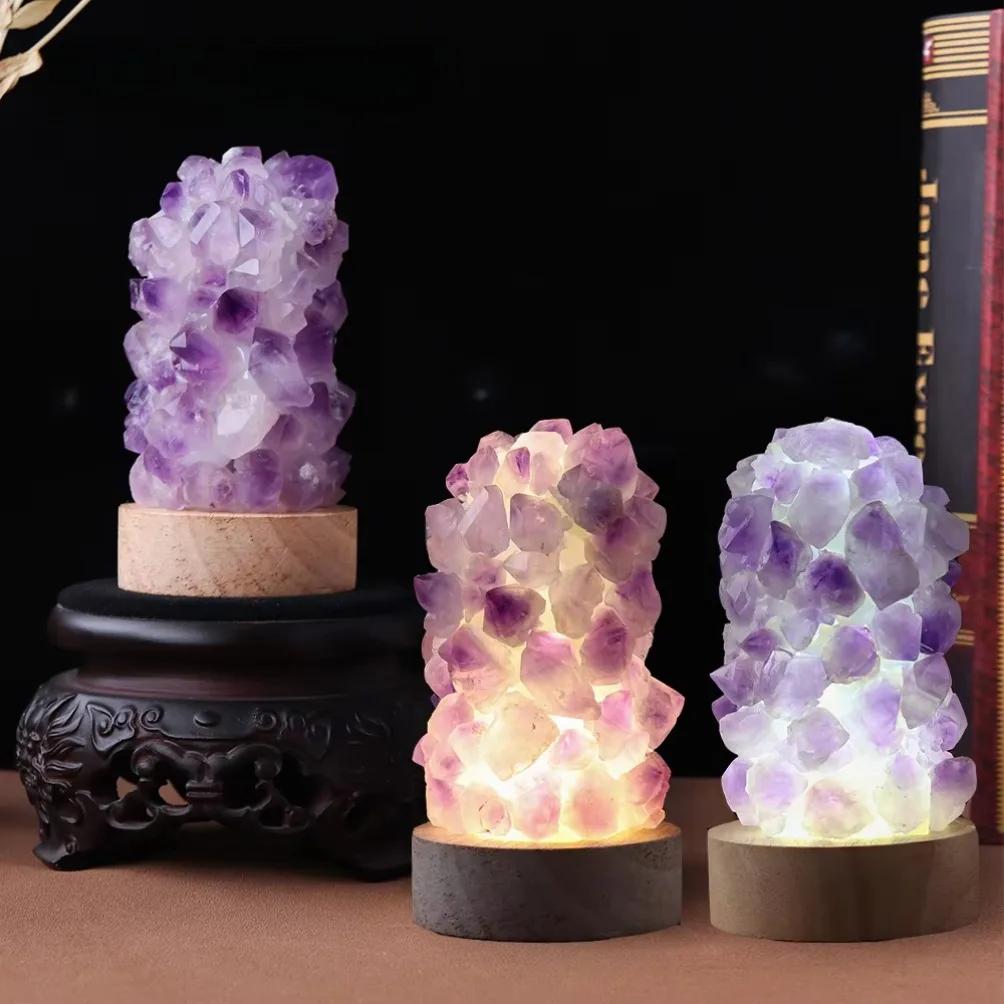 Crystal Wishing Lamp Natural Amethyst Tooth Flower Dim Light USB Interface with Switch Crystal Home Decorations Men Gift
