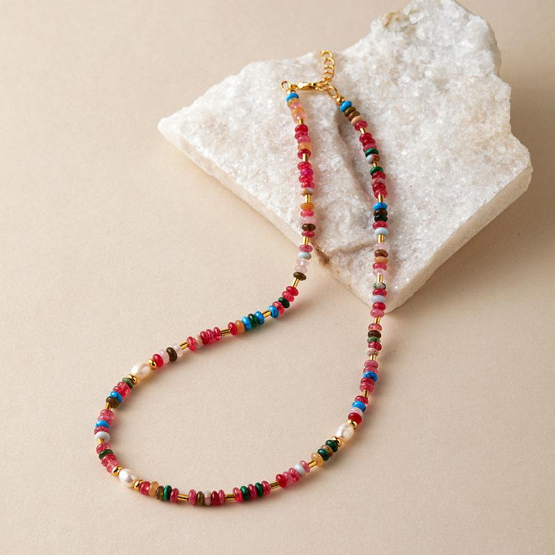 Multicolor Natural Stone Spliced Bohemian Rainbow Freshwater Pearl Necklace