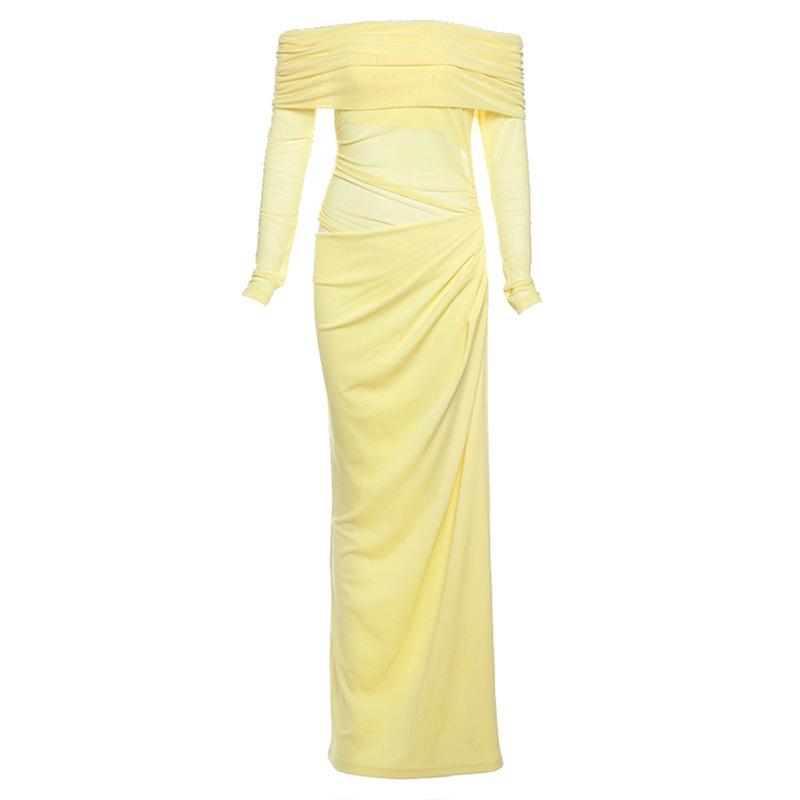 2026 Spring Women s European Style Sexy One-Shoulder Mesh Long Dress L