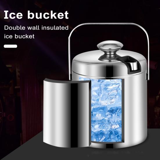 1.3L Double-Wall Ice Bucket with Lid And Tong 6-Hour Cooling Beer Chiller for Bar Home 304 Stainless Steel Insulated Ice Container