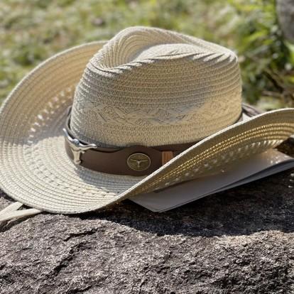 Bull head belt straw hat men and women spring and summer travel visor hat big brim western cowboy hat Tibetan straw jazz hat