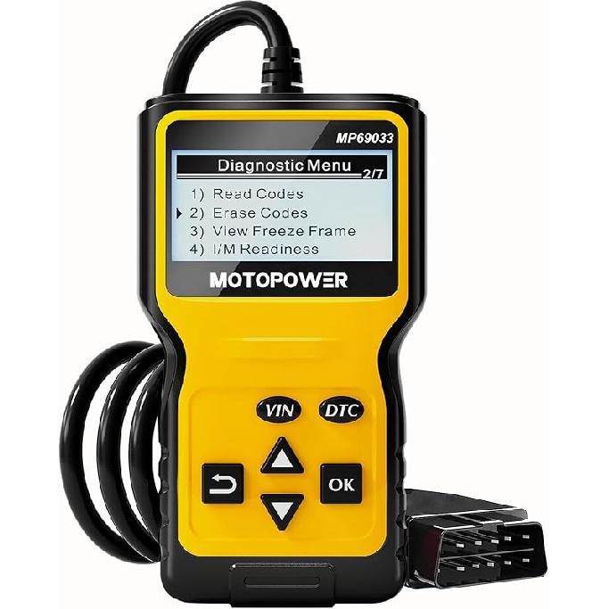 MOTOPOWER MP69033 Автомобильный OBD2 сканер Читатель кодов Сканер неисправностей двигателя CAN Диагностический сканер для всех автомобилей с протоколом OBD II с 1996 года, Желтый