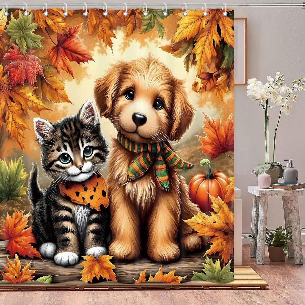 Fall Shower Curtains for Bathroom, Autumn Maple Leaves Cute Cat Dog Decorative Harvest Farmhouse Home Decor Polyester Fabric