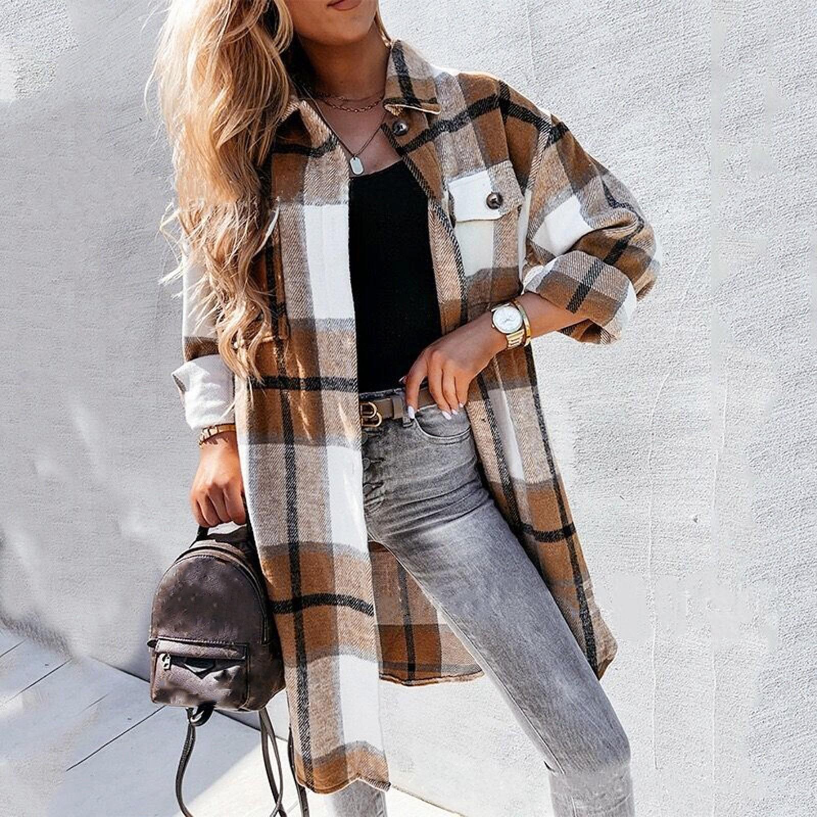 

Женские клетчатые кардиганы с карманами и нашивками в стиле пэчворк, пальто с длинными рукавами и открытой передней частью XL хаки