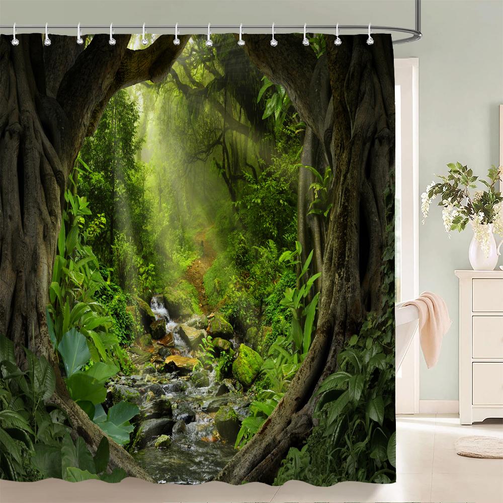 Hochwertiger Wald Natur Landschaft Stoff Duschvorhang Wasserdicht Bedruckt Badezimmer Vorhänge für Badezimmer Dekoration mit Haken