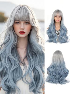 26 Inch Big Wavy Gray Gradient Haze Blue Wigs With Bangs For Women For Parties Music Festival And Daily Use