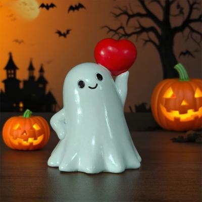 Estatueta de Fantasma de Halloween Fantasma Fofo Segurando Coração/Abóbora Estátua de Mesa Pequeno Enfeite de Fantasma de Resina