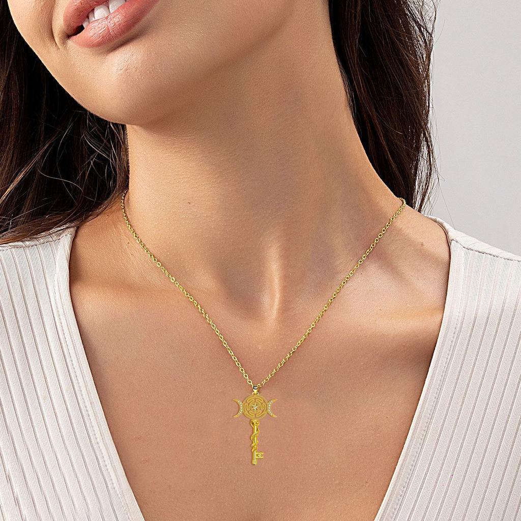 Oryginalny Naszyjnik z Wisiorkiem Koła Hekate Tajskie Srebro Wąż Klucz Potrójna Bogini Księżyca Łańcuszki Wicca Magiczna Biżuteria