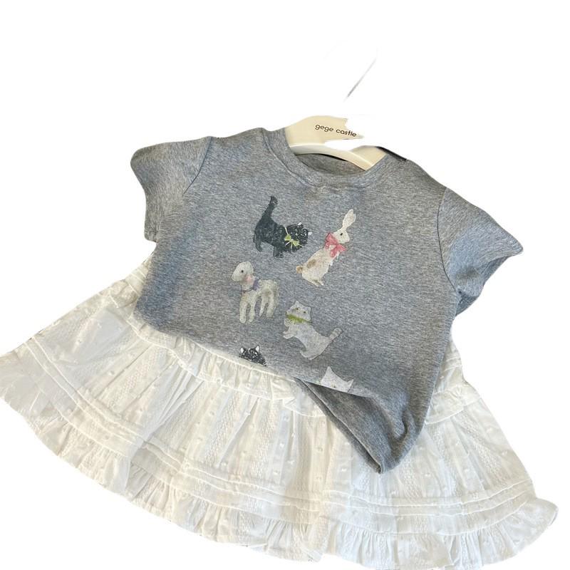 2024 Korean Kids' Summer Polka Dot 2-Piece: Cartoon T-Shirt & Skirt Pants Set