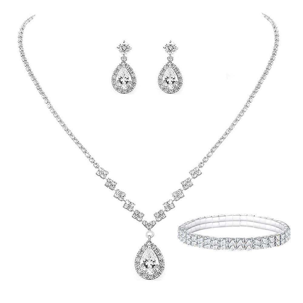 Bridal Party Jewelry Set With Zircon Water Drop Necklace Earrings And Bracelet For Weddings