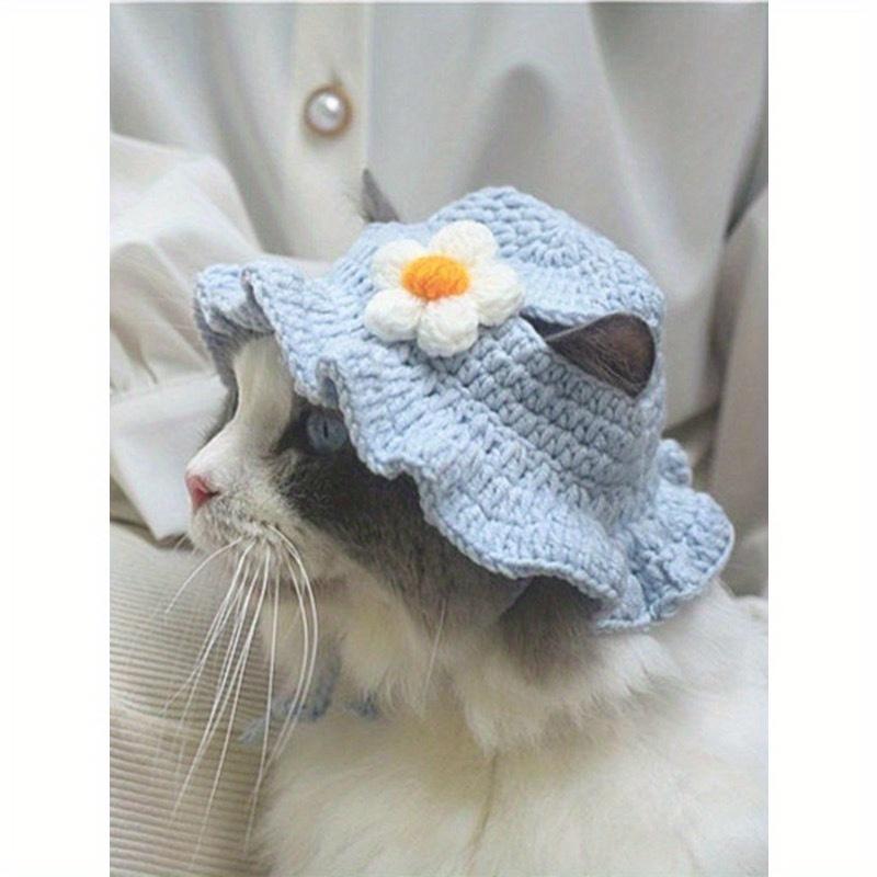 1pc Handmade Crochet Pet Hat With Small Flower Pattern, Suitable For Small And Medium Dogs Or Cats