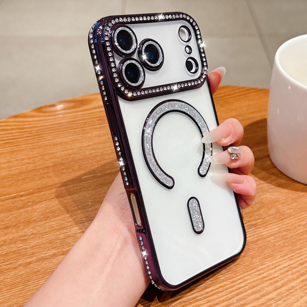 IPhone17PROMAX Plating Flash Powder Diamond Magnetic Suction Phone Case Suitable for Apple 16 Advanced Sense Anti Fall Soft Case