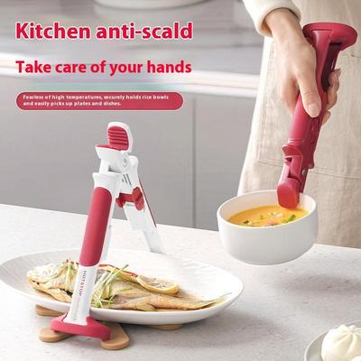 2 In 1 Silicone Bowl Holder Clip Heat Resistant Long Handle Bowl Gripper Anti-Scald Hot Dish Retriever Tongs For Home Kitchen