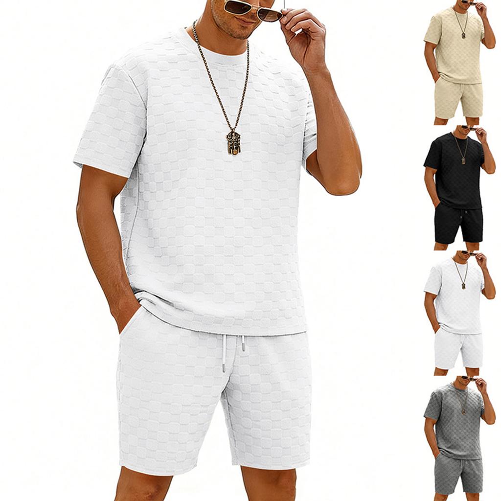 Men's Round Neck Checkered Casual Short Sleeve Drawstring Shorts Set