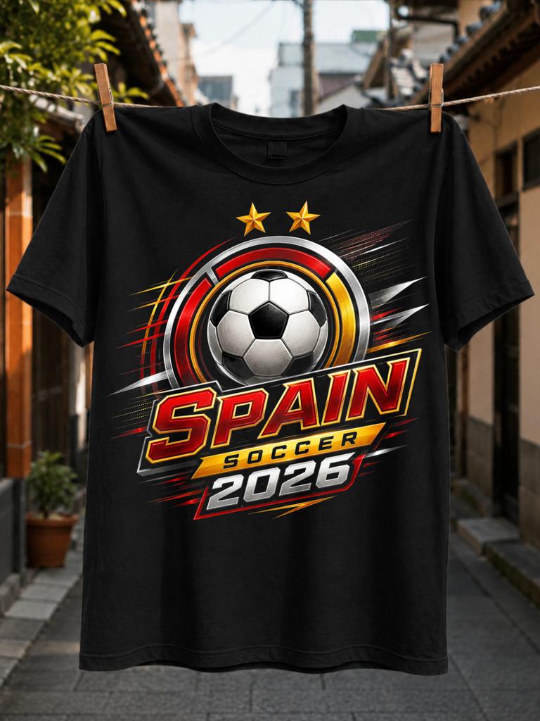Spain Soccer 2026 Angled Metallic Football with Red Gold Rings Speed Lines and Two Stars Graphic Unisex All TShirt