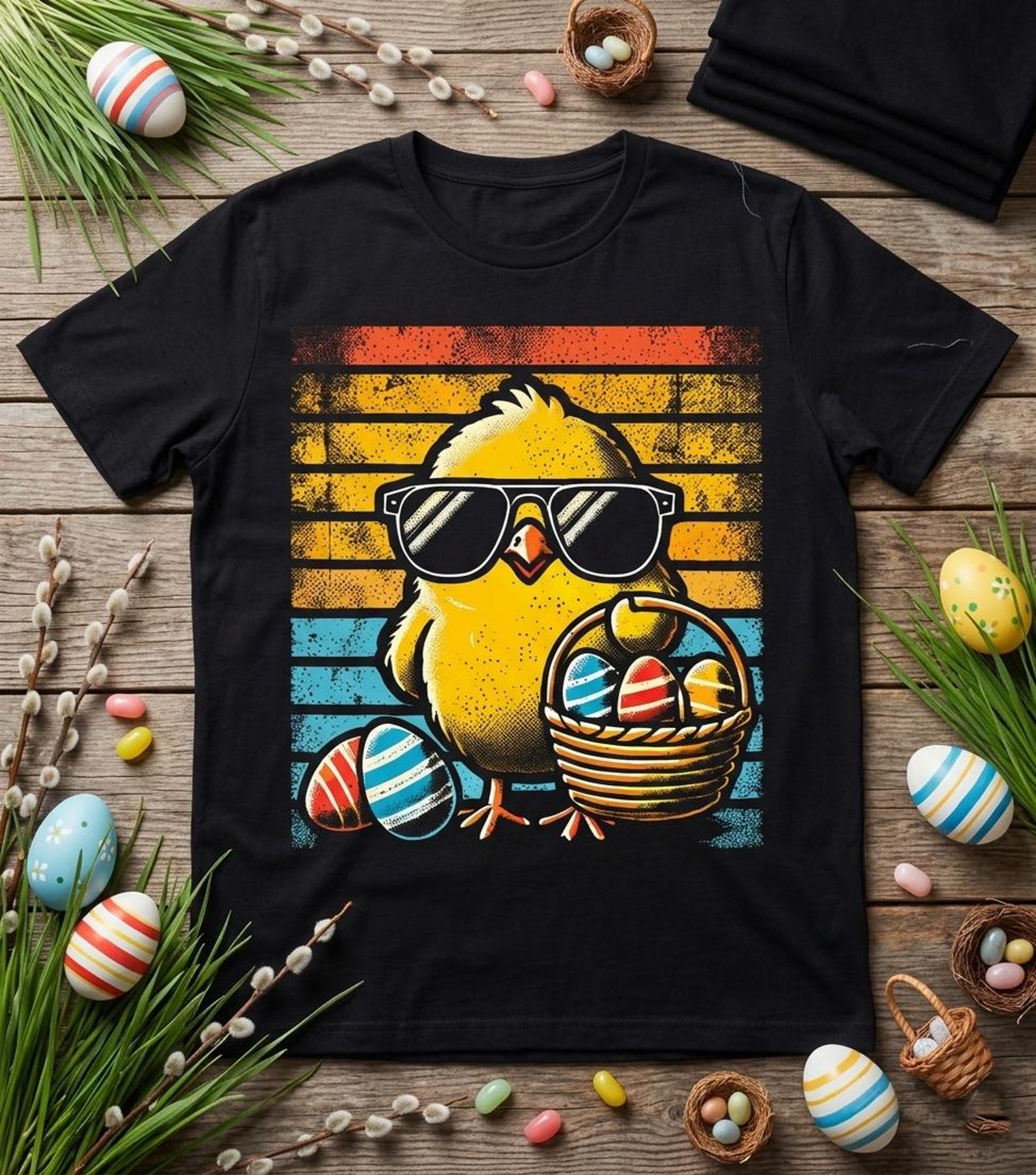 Retro Easter Chick T-Shirt, Vintage Chicken Sunglasses Tee S
