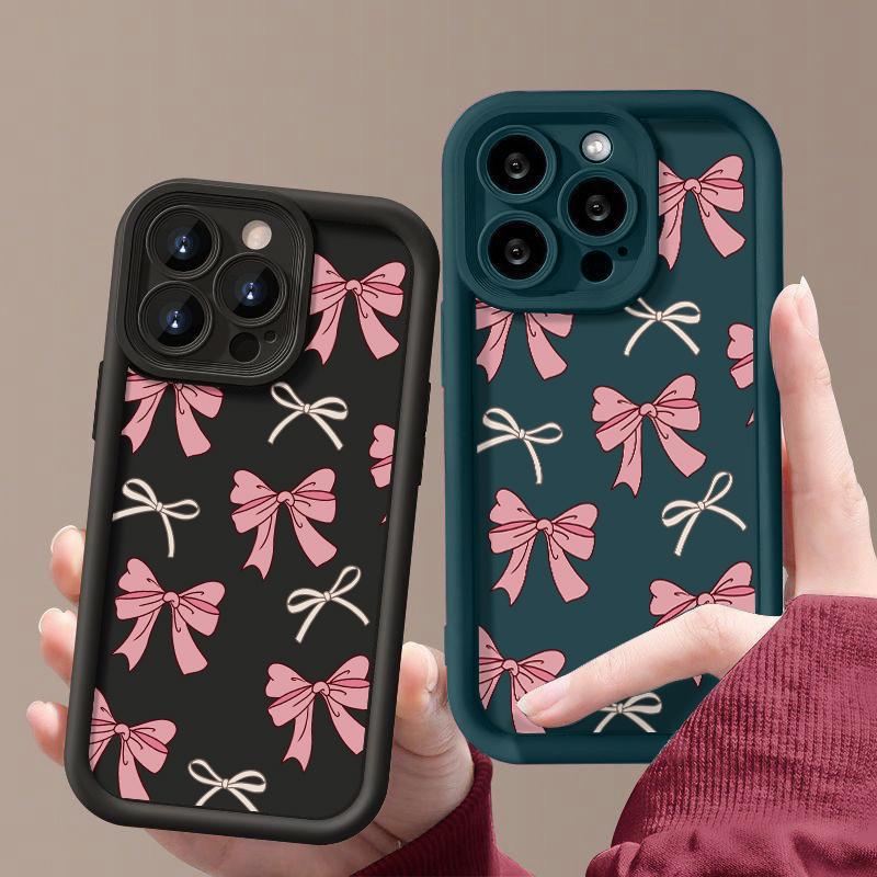 Full Screen Pink Bow Tie Phone Case iPhone 15 Pro Max 11 12 13 16 14 Plus Silicone Shockproof Case Lens Protector Shell