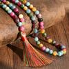 Bohemain Natural Stone Colorful Stone 99 Beads Long Necklace Silk Tassel Pendant Handmade Beaded Hoilday Zircon Gift