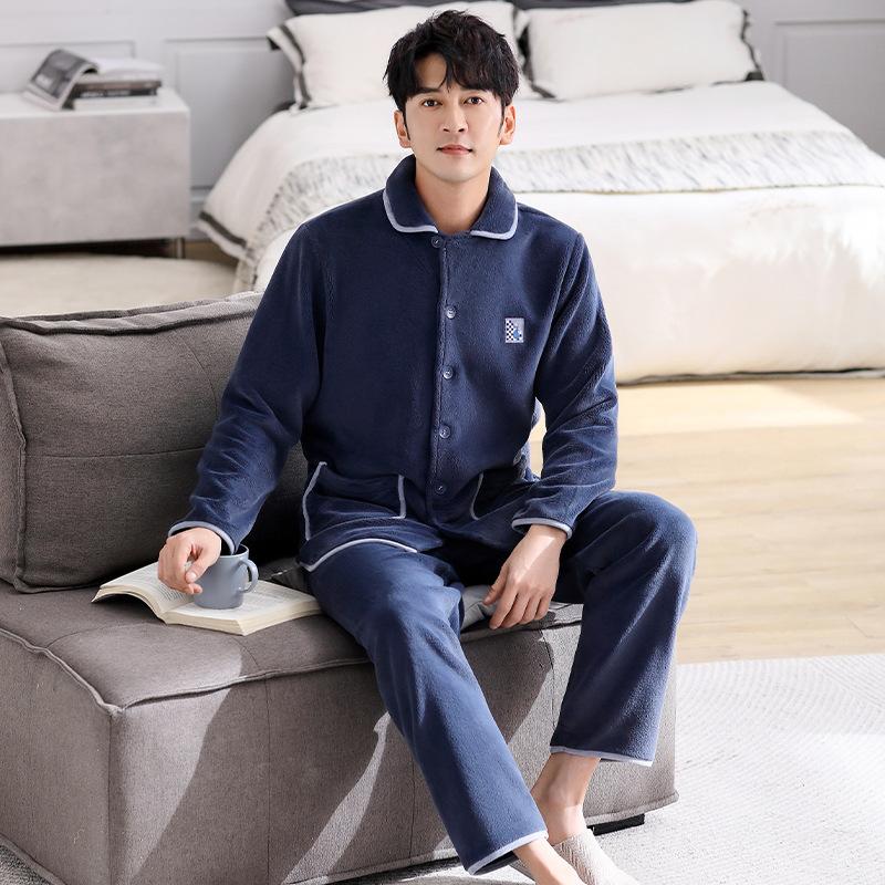 [Antistatic] Flannel Pajamas Men'S Winter And Winter Fleece Thickened Warm Coral Fleece Loungewear Set