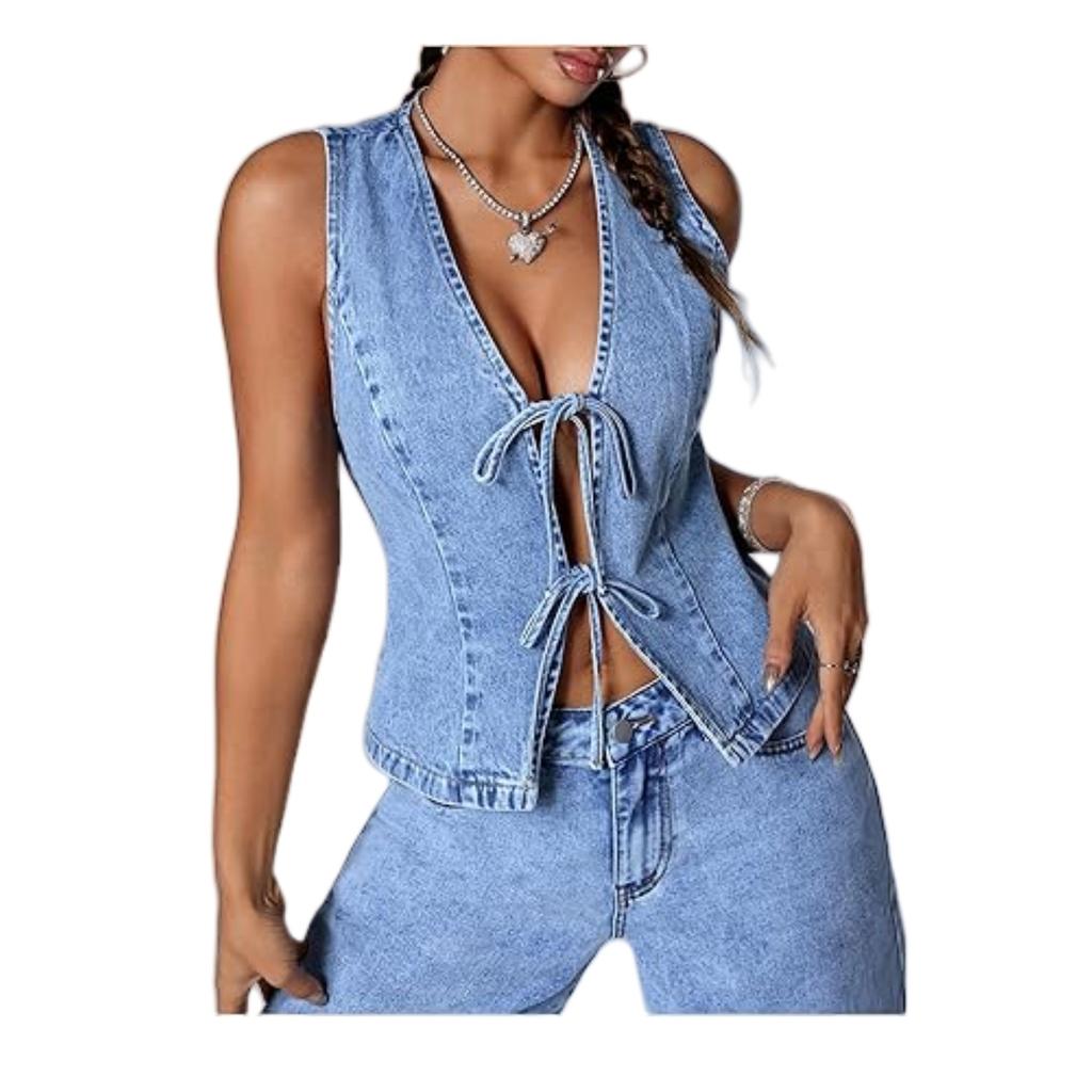 Women's Denim Vest Front Tie Crop Top Sleeveless V Neck Tank for Summer