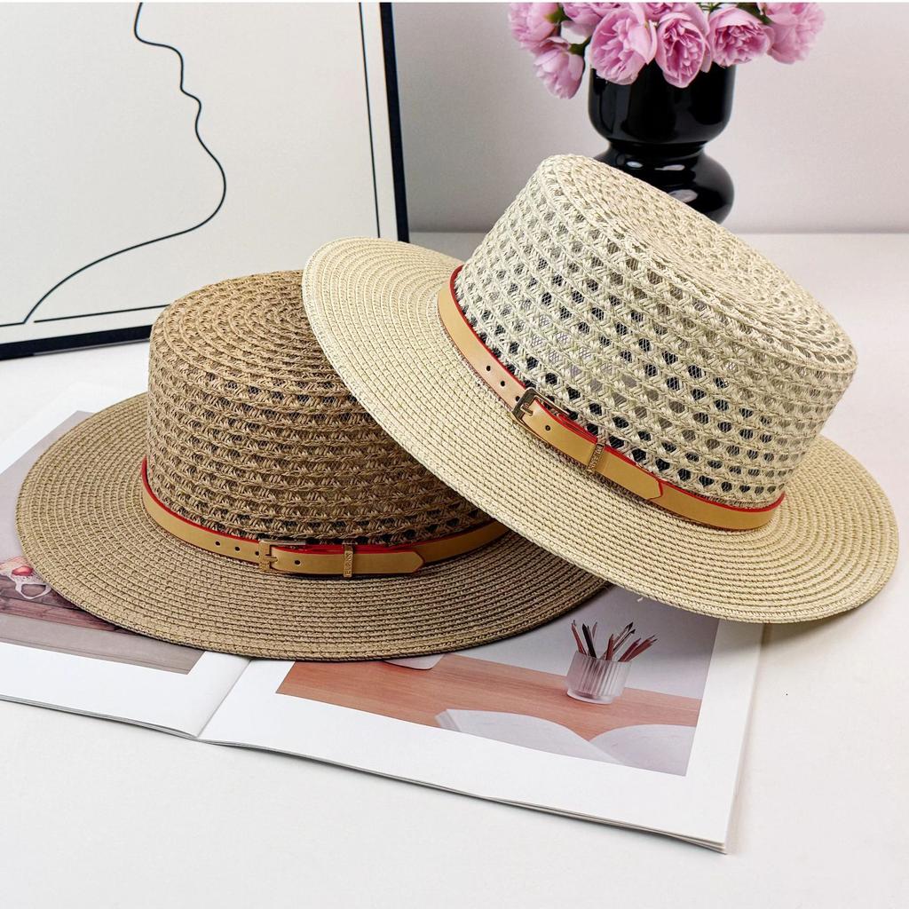 French flat-top straw hat women's high-end hollow belt fashion sunshade sunscreen large brim straw hat seaside beach hat