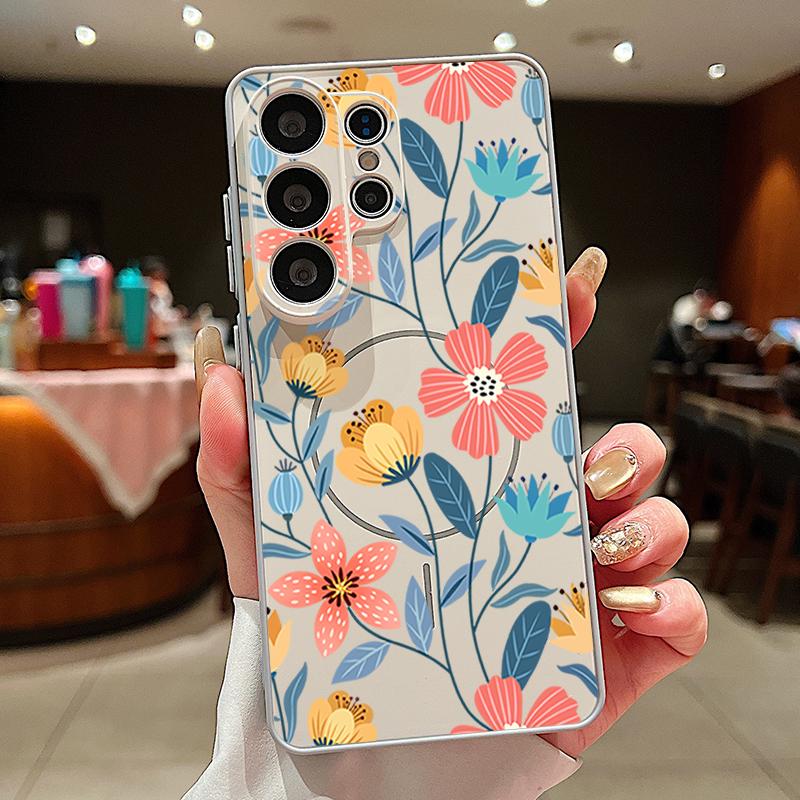 Cartoon Flowers Pattern Case For Samsung Galaxy S26 Ultra S25 Edge S24 Plus S23 FE S22 A54 A55 A56 5G Magnetic For Magsafe Matte Cover