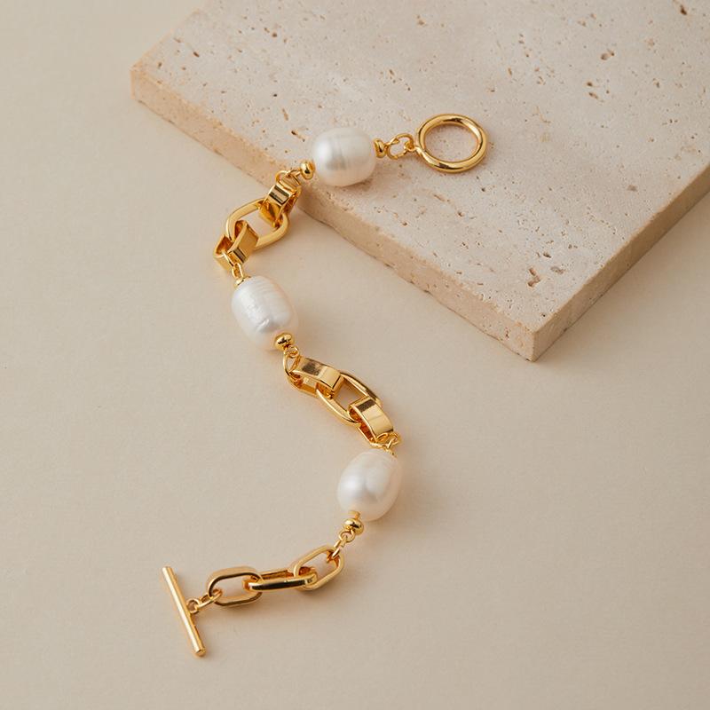 Gold Plated Mixed Chain Baroque Pearl Bracelet