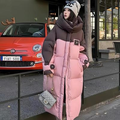 Winter Contrast Color Down Cotton-padded Jacket Women Overcoat Long Bread Clothing Korean Hooded Loose Thick Warm Parka