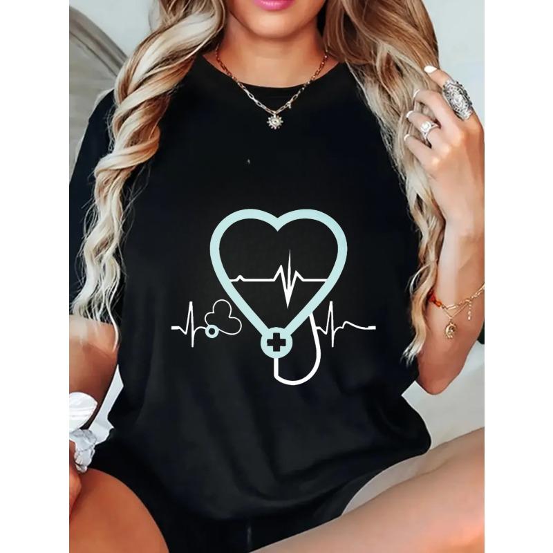 Oversized T Shirt Black Heart Ecg Stethoscope Print For Casual Wear
